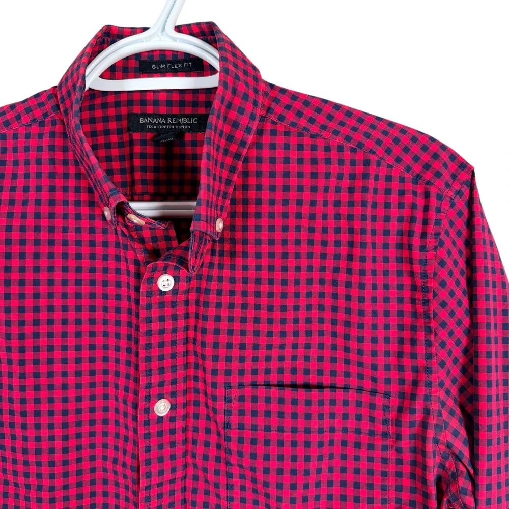 Banana Republic Slim Flex Fit Button‎ Down Shirt Mens S Red Blue Gingham Stretch